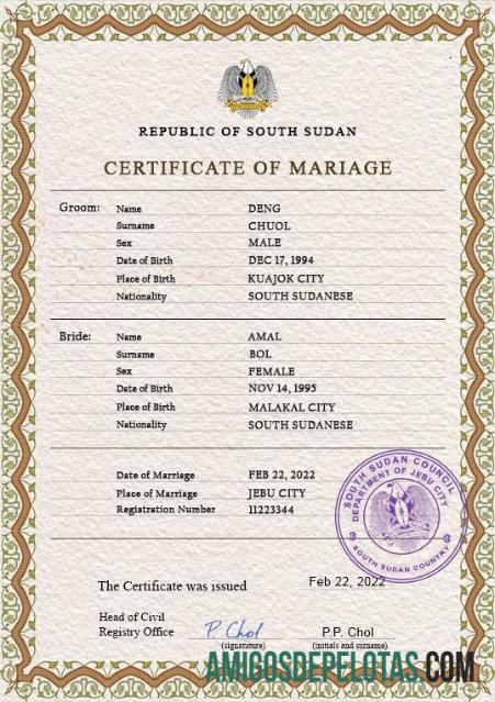 Imprimível modelo PSD de certidão de casamento do Sudão do Sul